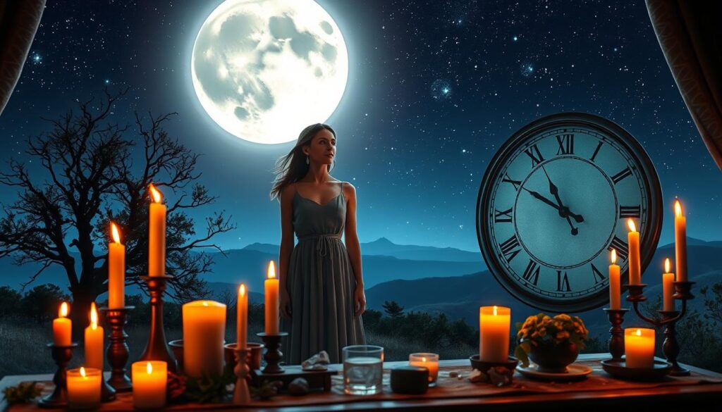 A serene and mystical scene capturing the essence of "love spell timing." In the foreground, a beautifully adorned altar featuring candles, crystals, and herbs associated with love spells, illuminated by warm, flickering candlelight. In the middle ground, a stylishly-dressed Caucasian woman in a modest, flowing dress, focused on a celestial clock, symbolizing the timing of spells. She gazes thoughtfully, her hair gently swaying as if caught in a soft breeze. The background features a starlit night sky with a luminous full moon, casting a magical glow on the landscape, evoking a deep sense of tranquility and enchantment. The overall mood is romantic and mystical, with soft lighting enhancing the atmosphere.