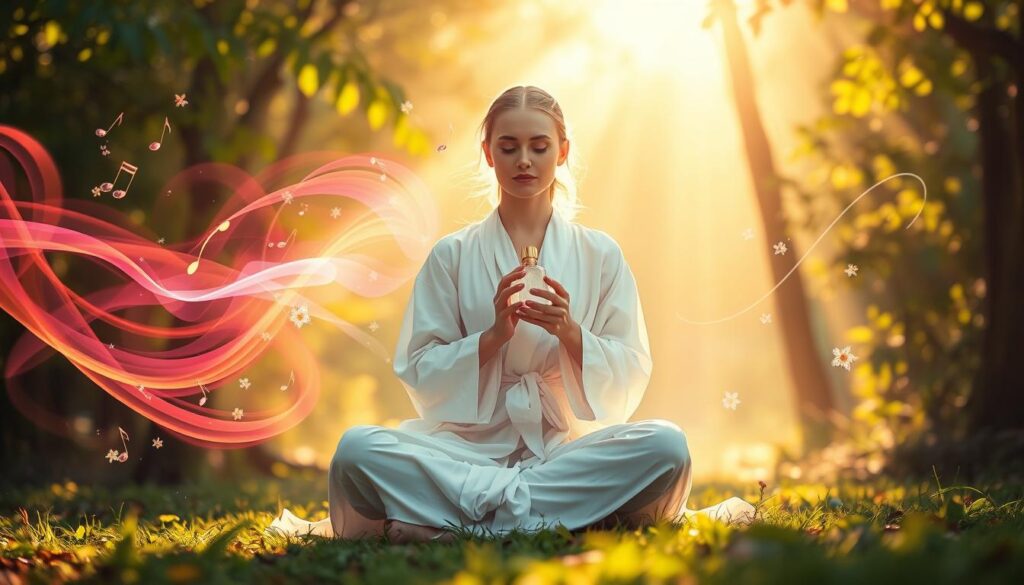 A serene and mystical scene capturing the essence of "voice, breath, and scent" in a magical atmosphere. In the foreground, a beautiful Caucasian figure, dressed in flowing white robes, is seated cross-legged, gently holding a delicate glass perfume bottle, exuding a soft glow. The middle layer features ethereal swirls of vibrant colors, representing sound waves and aromatic scents flowing around her. Delicate floral and herbal elements float through the air, creating an enchanting fragrance aura. In the background, a softly illuminated forest glade is bathed in warm, dappled sunlight filtering through lush green leaves, enhancing the peaceful and mystical vibe. The soft focus technique captures a dreamlike quality, inviting viewers into a world of affirmation and perfume magic, emanating a sense of calm and introspection.