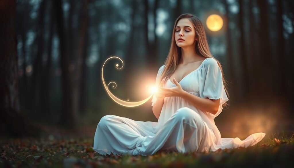 A serene and mystical scene depicting a "No-Ingredient Love Spell" surrounded by a soft, ethereal glow. In the foreground, a beautiful Caucasian woman with long flowing hair sits cross-legged, eyes closed in meditation, wearing a flowing white dress. Her hands are gently placed over her heart, radiating a shimmering light that symbolizes pure intention and energy. In the middle ground, delicate wisps of translucent energy curl around her, visually representing the spell’s manifestation. The background features a tranquil forest setting at twilight, with soft beams of moonlight filtering through the trees, creating a calming atmosphere. Soft bokeh effect enhances the dreamy mood. The overall lighting is warm and inviting, suggesting love and connection. The scene captures the essence of intention-driven magic in a peaceful, holistic environment.