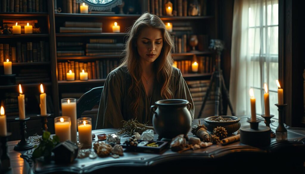 A serene and mystical scene depicting a beautiful Caucasian witch in a dimly-lit room, surrounded by candles. In the foreground, she is peacefully sitting at an ornate wooden table with various herbs and crystals spread out before her. The table features a small cauldron, with wisps of smoke rising that symbolize the act of undoing a love spell. Her attire is modest and elegant, reflecting a connection to nature, perhaps a soft flowing dress in earth tones. In the background, softly lit shelves filled with ancient tomes and mystical artifacts create an enchanting atmosphere. The lighting is warm and inviting, highlighting the focus on the witch's concentrated expression as she works on reversing the spell. The angle is slightly tilted, giving a dynamic feel to the image while immersing the viewer in this magical moment.
