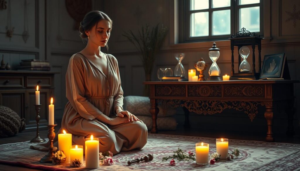 A serene and mystical scene depicting a beautifully arranged love spell ritual taking place at twilight. In the foreground, a Caucasian woman in modest, flowing attire is gracefully kneeling on a soft carpet, surrounded by glowing candles and delicate flowers. Her focused expression reflects the importance of timing in the ritual. The middle layer features an ornate wooden table displaying magical ingredients like herbs, crystals, and a ticking hourglass. In the background, a softly lit room with ancient books and cosmic symbols enhances the mystical atmosphere. The lighting is warm and inviting, casting gentle shadows, while twinkling stars are faintly visible through a nearby window, creating a tranquil and magical mood. The composition is crafted with a slight upward angle to emphasize the ritual's significance.