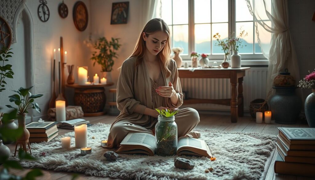 A serene and mystical scene depicting a cozy, softly lit room filled with natural elements. In the foreground, a beautiful Caucasian woman dressed in a flowing, modest dress, sits cross-legged on a plush rug, surrounded by candles, crystals, and intricate spell books. She focuses intently on a delicate spell jar filled with herbs and floral essences, symbolizing the ethical approach to love spells. The middle background features a quaint wooden table adorned with flowers and an array of enlightening metaphysical symbols. In the background, a large window illuminated by a gentle twilight casts ethereal light, creating a warm, enchanting atmosphere. The mood should evoke a sense of introspection, respect, and harmony with nature. The overall composition encourages feelings of peace and responsibility, emphasizing the importance of ethics in love spells. A serene and mystical scene depicting a cozy, softly lit room filled with natural elements. In the foreground, a beautiful Caucasian woman dressed in a flowing, modest dress, sits cross-legged on a plush rug, surrounded by candles, crystals, and intricate spell books. She focuses intently on a delicate spell jar filled with herbs and floral essences, symbolizing the ethical approach to love spells. The middle background features a quaint wooden table adorned with flowers and an array of enlightening metaphysical symbols. In the background, a large window illuminated by a gentle twilight casts ethereal light, creating a warm, enchanting atmosphere. The mood should evoke a sense of introspection, respect, and harmony with nature. The overall composition encourages feelings of peace and responsibility, emphasizing the importance of ethics in love spells.