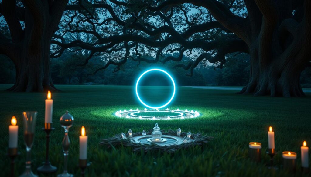 A serene and mystical scene depicting a glowing circle of light on a lush green grass clearing. In the foreground, a charmingly decorated altar with candles flickering softly, adding warmth to the atmosphere. In the middle, the ethereal circle of light radiates a soft blue and white hue, surrounded by delicate crystals and herbs that symbolize protection. In the background, ancient trees loom majestically, their leaves dancing gently in a light breeze, casting playful shadows. The scene is bathed in twilight, creating a magical ambiance with soft, diffused lighting. The perspective is slightly elevated, showcasing the enchanting ritual as if inviting the viewer to step into this peaceful moment of protection and serenity.