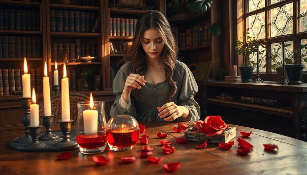 A serene and mystical scene depicting a love spell in an enchanting setting. In the foreground, a beautifully crafted wooden table displays various spell components: candles flickering softly, a delicate crystal vial filled with shimmering red liquid, and fresh rose petals scattered around. In the middle ground, an ethereal woman with flowing hair, dressed in elegant modest attire, carefully combines the ingredients, her expression focused and serene. Soft rays of golden light filter through a nearby window, casting gentle shadows. The background features bookshelves lined with ancient grimoires and potted plants, adding a touch of magic to the atmosphere. The overall mood is warm, inviting, and infused with a sense of wonder and romance, perfect for illustrating the mystical art of creating a love spell.