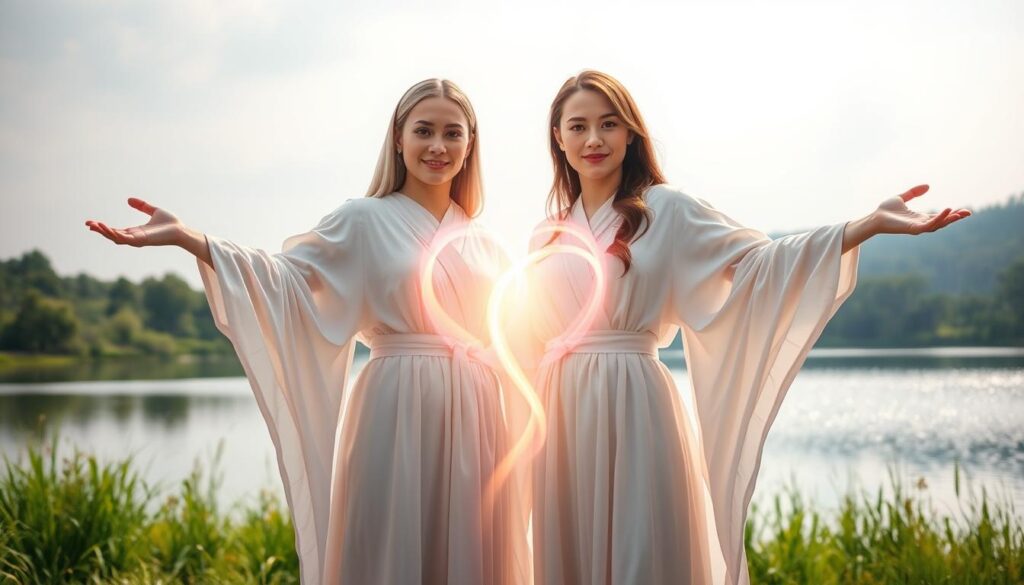 A serene and mystical scene depicting "ethical love energy." In the foreground, two beautiful Caucasian figures, dressed in modest, flowing robes, stand with open arms, creating a heart shape with their bodies. Their expressions radiate warmth and compassion, symbolizing the energy of love and positivity. In the middle, a luminous stream of energy swirls between them, glowing with soft pastel colors like pink, lavender, and gold, representing the gentle flow of ethical intentions. The background features a tranquil natural setting, with lush greenery and a shimmering lake, reflecting the colors of the energy. Soft, ethereal lighting casts a gentle glow over the scene, enhancing the uplifting and harmonious atmosphere, captured with a wide-angle lens to embrace the depth of connection and beauty.