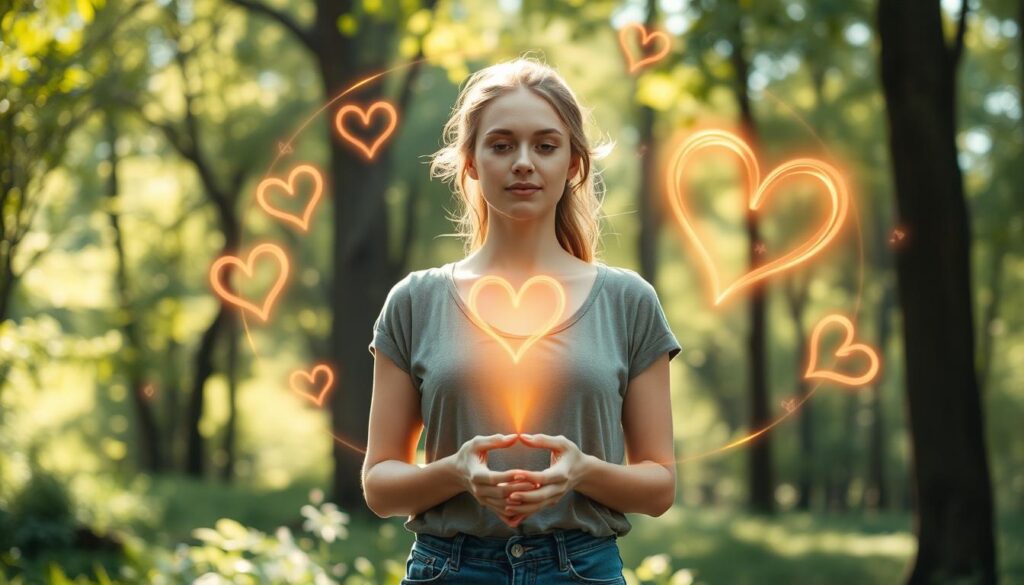 A serene and mystical scene depicting the concept of love spells, focusing on intention, energy, and ethics. In the foreground, a beautiful Caucasian woman in modest casual clothing stands with her hands gently cupped together, radiating a soft, warm light. Her expression is contemplative and serene. In the middle ground, swirling ethereal energy forms heart shapes and delicate symbols around her, representing the power of intention and love. The background features a tranquil forest with dappled sunlight filtering through the leaves, creating a dreamy atmosphere. The lighting is soft and bright, casting a gentle glow on the scene, while a slightly blurred focus adds a magical quality. The overall mood is peaceful, enchanting, and thought-provoking.