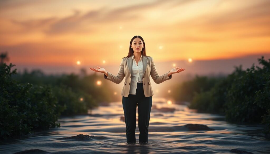 A serene and mystical scene depicting the concept of "safety energy." In the foreground, a beautiful Caucasian figure in professional attire stands centered, arms outstretched, surrounded by glimmering orbs of light representing protective energy. The middle ground features lush greenery and soft, flowing water that symbolizes grounding and stability, with gentle illumination reflecting the safety theme. In the background, a soft twilight sky transitions from warm oranges to deep purples, enhancing the calming atmosphere. The lighting is warm and diffused, creating a sense of tranquility, while the angle captures an uplifting perspective, evoking feelings of safety and peace. The overall mood is one of harmony and protection, perfect for conveying the essence of handling energy safely.