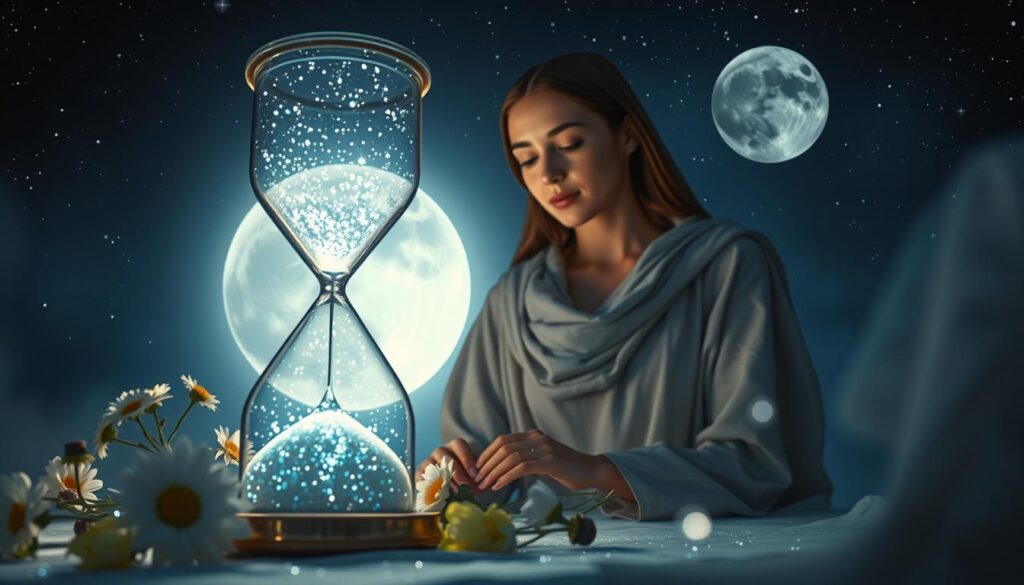 A serene and mystical scene depicting the concepts of "timing and energy." In the foreground, a glowing hourglass filled with shimmering stardust, symbolizing the passage of time. Surrounding it, delicate floral offerings representing different moon phases, arranged harmoniously. The middle layer features a beautiful, ethereal figure of a Caucasian woman in modest clothing, gracefully observing the hourglass, her expression reflecting contemplation and hope. In the background, a night sky filled with stars and a large, luminous moon, casting a gentle, silvery light over the scene. Soft, diffused lighting enhances the dreamlike atmosphere, creating a sense of calm and enchantment. The angle is slightly low, emphasizing the hourglass and woman, inviting viewers into this introspective moment of magical timing.