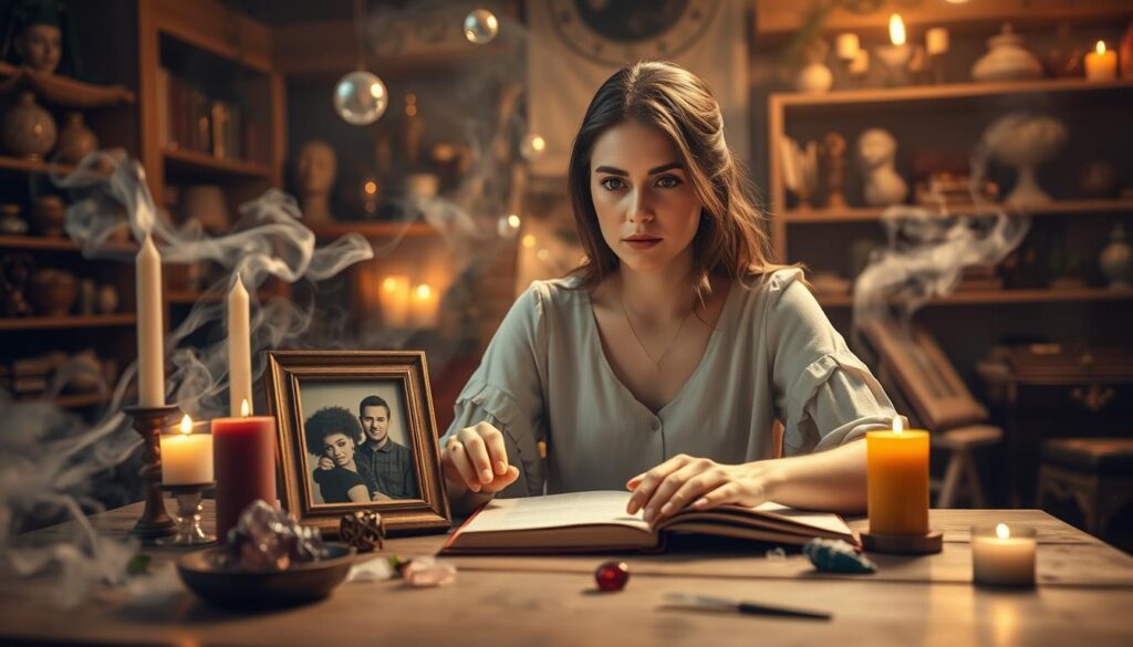 A serene and mystical scene depicting the essence of love spells. In the foreground, a beautiful Caucasian woman in modest casual clothing, focused and intent, is seated at a wooden table adorned with mystical items like candles, colorful crystals, and an open book of spells. Her hand gently touches a framed photograph of a couple, which seems to glow with an ethereal light. In the middle ground, soft smoke swirls around her, hinting at the energy being focused in the atmosphere, while shimmering orbs of light float above the table. The background features a dimly lit, enchanting room filled with shelves of magical artifacts, creating a warm and inviting mood. Use soft, ambient lighting to enhance the mystical ambiance, capturing a close-up angle that draws viewers into the focused energy of the scene.
