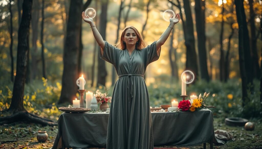 A serene and mystical scene depicting the process of casting reconciliation spells. In the foreground, a beautiful Caucasian woman dressed in modest, flowing robes stands with her arms raised, surrounded by glowing orbs of light symbolizing love and forgiveness. In the middle, a beautifully arranged altar made of natural materials, adorned with candles, crystals, and fresh flowers, gives a sense of sacredness. The background features a tranquil forest bathed in soft, golden light filtering through the trees, enhancing the magical atmosphere. The image captures a calm and hopeful mood, inviting feelings of peace and unity. The composition is shot from a slightly elevated angle, allowing for a full view of the altar and the surrounding nature, with a slight focus on the glowing orbs to draw the viewer’s attention.