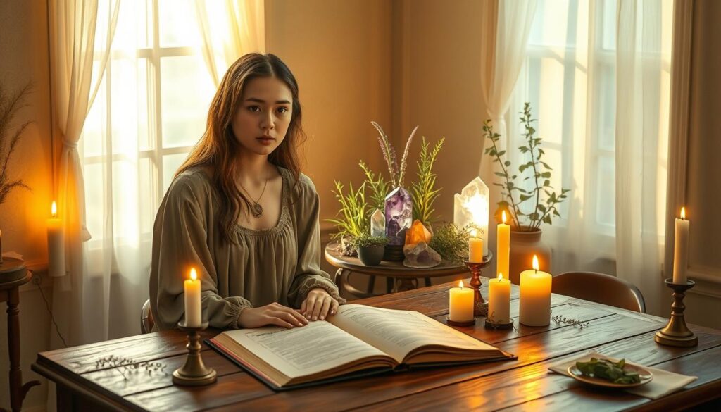 A serene and mystical scene depicting the process of removing a love spell. In the foreground, a focused young woman, dressed in a modest, flowing gown, sits at a wooden table surrounded by candles and herbs, with an open spell book in front of her. Her expression is one of determination and serenity. In the middle, vibrant crystals and plants are artfully arranged, symbolizing healing and clarity. The background features a softly glowing window allowing warm, golden light to fill the room, casting delicate shadows. The overall atmosphere is calm and empowering, evoking a sense of hope and renewal, with gentle, ethereal lighting enhancing the magical vibe.