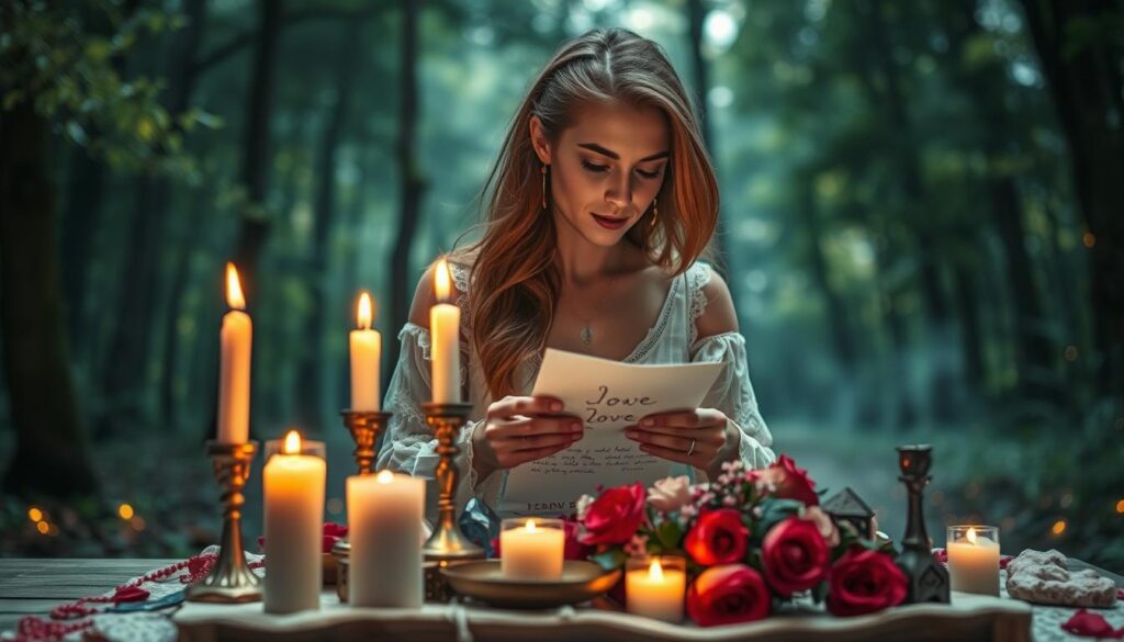 A serene and mystical scene featuring a beautiful Caucasian woman performing a love spell. In the foreground, she is seated at a small, elegantly decorated altar adorned with candles, fresh roses, and crystals, focusing intently on a handwritten charm. The middle ground showcases a softly glowing ambiance, with the warm light of the candles casting delicate shadows. In the background, a lush, dimly lit forest creates an enchanting backdrop filled with soft greens and hints of magical sparkles. The overall mood is tranquil and purposeful, evoking a sense of intention and connection. The scene is captured with a soft focus lens at a low angle, highlighting the woman's concentration while maintaining a sense of clarity throughout the composition.