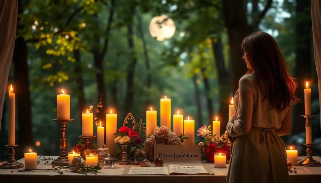 A serene and mystical scene illustrating "ethics love spells," featuring an elegant candlelit altar. In the foreground, a pair of beautiful Caucasian figures, dressed in professional attire, stand side by side, engaged in thoughtful conversation. The middle ground shows an array of softly glowing candles, surrounded by fresh flowers and symbolic items like heart-shaped crystals and ethical guidelines written on parchment. The background is a softly blurred, enchanted forest, illuminated by dappled moonlight filtering through the leaves, creating a tranquil, magical ambiance. The lighting is warm and inviting, casting gentle shadows that enhance the atmosphere of reflection and purpose. The composition invites contemplation on the ethical implications of love spells.