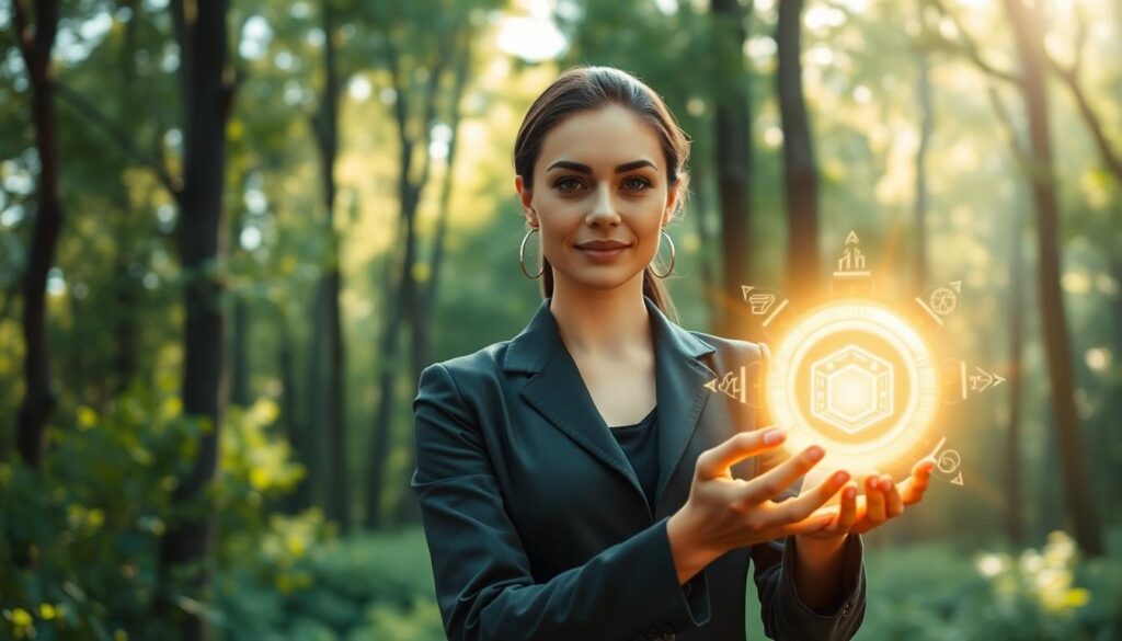 A serene and mystical scene illustrating the concept of "safety energy." In the foreground, a beautiful Caucasian woman in professional attire, with a calm and reassuring expression, gently holds a glowing orb of light representing positive energy. In the middle ground, a softly glowing circle of protective symbols surrounds her, emanating warmth and stability. The background features a tranquil forest setting, bathed in soft, dappled sunlight filtering through the trees, creating a sense of peace and safety. The atmosphere is tranquil and uplifting, with cool greens and golden hues that evoke a sense of harmony. The composition captures both a sense of inner strength and the importance of protective measures against negative energy, all framed with a focus on natural beauty.