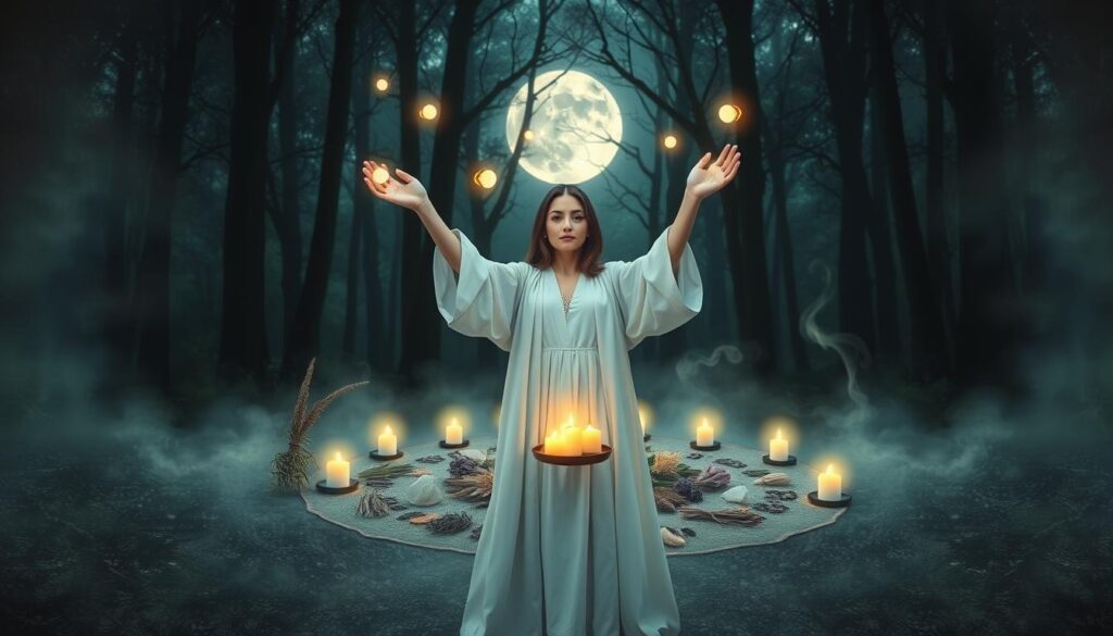 A serene and mystical scene illustrating the core principles of binding spells in white magic. In the foreground, a beautifully adorned spellcaster, a Caucasian woman in modest, flowing white robes, stands with her arms raised, surrounded by soft, glowing orbs of light that symbolize intention and focus. Her expression is peaceful and determined. In the middle ground, a circular arrangement of natural elements like herbs, crystals, and candles creates a sacred space, with gentle wisps of smoke curling upwards. The background features an enchanted forest bathed in ethereal moonlight, casting soft shadows and highlighting the magical atmosphere. The overall mood is tranquil and inspiring, evoking a sense of spiritual growth and connection. Use soft, diffused lighting to enhance the dreamlike quality of the scene, with a shallow depth of field to draw focus on the spellcaster and the circle of elements.