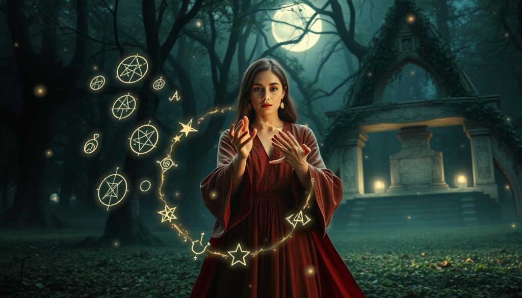 A serene and mystical scene showcasing a binding spell in the foreground, featuring a beautiful Caucasian woman dressed in modest, flowing, and richly colored robes, her hands gracefully moving in a circular motion as she casts a glowing binding sigil made of ethereal light. Surrounding her, a variety of symbols and runes float mid-air, shimmering faintly. In the middle ground, a dark, enchanted forest creates a mysterious atmosphere, illuminated by soft, dappled moonlight filtering through the trees. In the background, an ancient stone altar covered in vines adds depth to the scene, while faintly glowing orbs float around subtly enhancing the sense of spirituality. The mood is tranquil yet powerful, emphasizing focus and visualization, with an overall soft and enchanting light. Camera angle slightly low, capturing the grandeur of the scene.