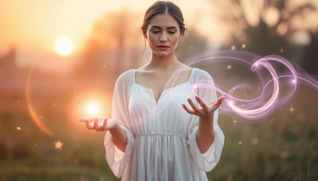 A serene and mystical scene showcasing the essence of energy and intention for a romantic atmosphere. In the foreground, a beautiful Caucasian woman, dressed in a flowing, modest white dress, is surrounded by a gentle glow of light that radiates from her palms, signifying the energy she is channeling. The middle ground features soft, swirling colors of lavender and gold, representing love and connection, with subtle sparkles that enhance the magical feel. In the background, an ethereal landscape with gently blurred trees and a soft-focus sunset creates a warm ambiance. The lighting is soft and diffused, casting a luminous aura around the subject, evoking feelings of hope and intention. The overall mood is enchanting, inviting, and deeply reflective of the power of love spells and the energy they harness.