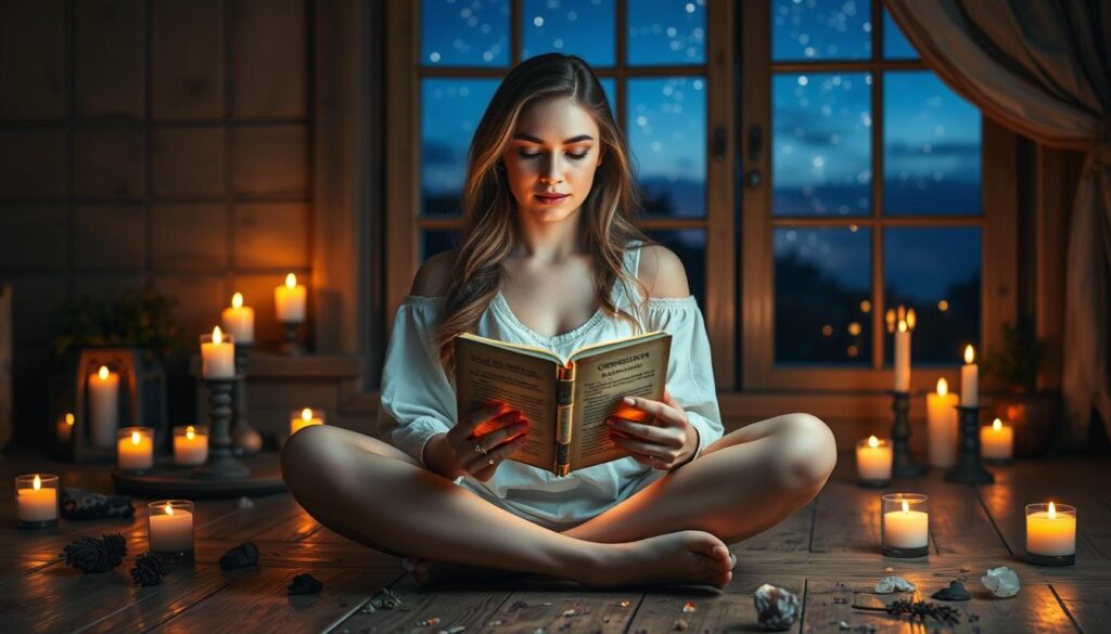 A serene and mystical setting depicting a beautiful Caucasian young woman sitting cross-legged on a wooden floor, surrounded by gentle flickering candles that cast a warm, golden light. In her hands, she delicately holds a small, ancient-looking spell book, its pages glowing softly, symbolizing the reversal of an obsession spell. The atmosphere is calm and introspective, with fragrant herbs and crystals scattered around her, enhancing the ambiance of healing. In the background, a window reveals a twilight sky filled with twinkling stars, infusing a sense of hope and renewal. The lens captures the scene from a slightly elevated angle, focusing on her peaceful expression and the ethereal glow of the book, inviting viewers to reflect on the process of undoing harmful magic.