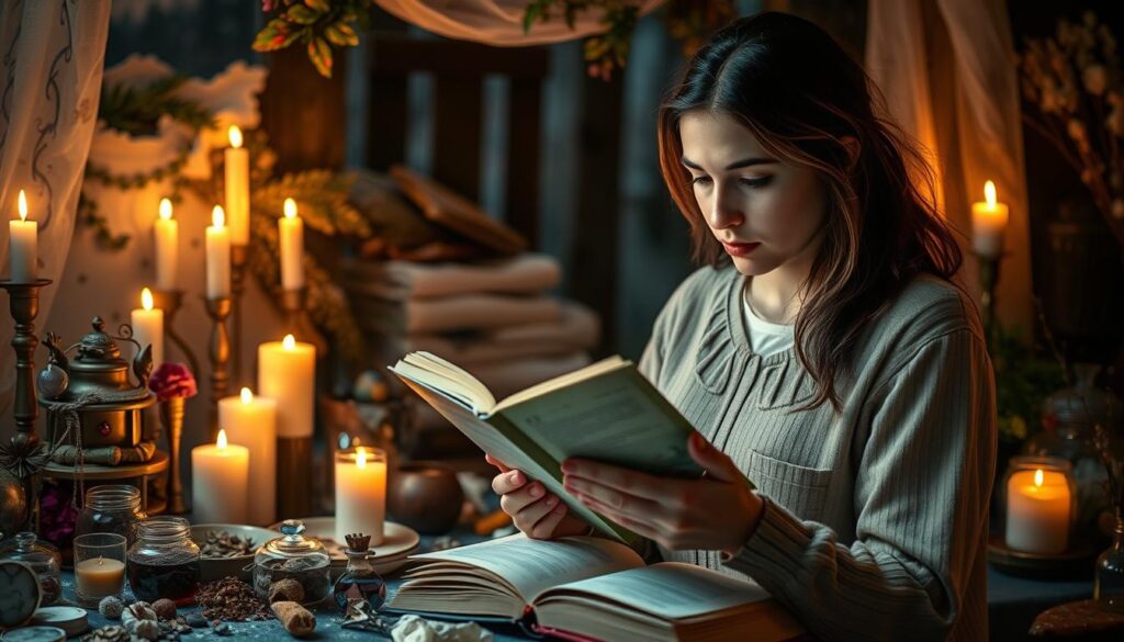 A serene and mystical setting depicting a beautifully arranged altar cluttered with various enchanting objects related to love spells, such as candles, crystals, and colorful herbs. In the foreground, a thoughtful Caucasian woman in modest casual clothing diligently examines an open book of spells, her brow furrowed in contemplation. The middle scene features a gentle, warm glow from candles, casting flickering shadows on the altar, enhancing the atmosphere of introspection and focus. In the background, soft, ethereal layers of fog swirl around a darkened forest, adding an element of mystery. The lighting is warm and inviting, with a slightly blurred depth of field, suggesting a dreamlike mood where questions about love spells linger. The overall composition captures the essence of troubleshooting the intricacies of love magic with a sense of enchantment and reflection.