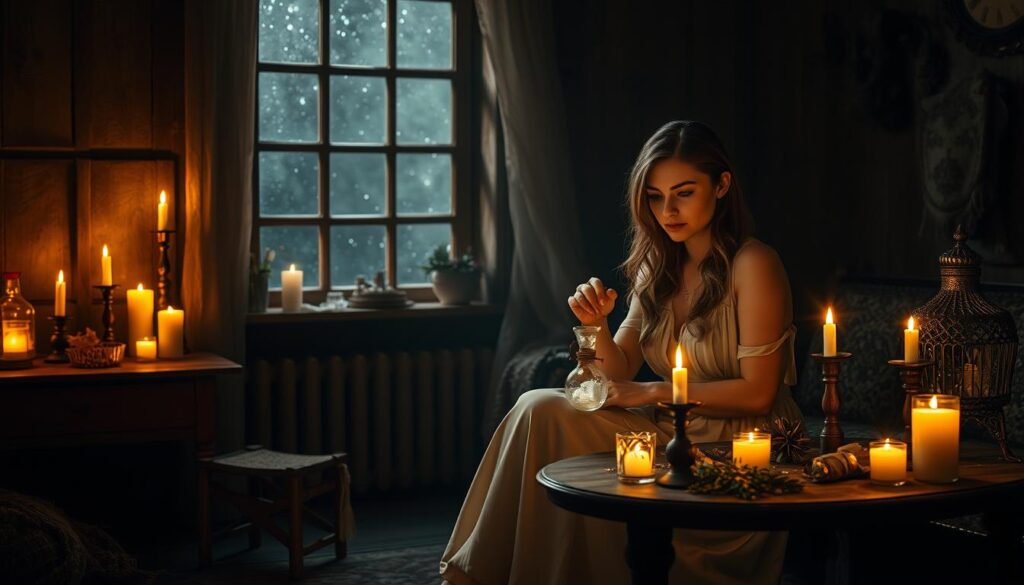 A serene and mystical setting depicting a cozy, dimly-lit room filled with enchanting elements. In the foreground, a beautiful Caucasian woman in a modest, flowing gown sits at a small wooden table adorned with candles, crystals, and magical herbs. Her expression is one of concentration as she carefully stirs a shimmering potion in a delicate glass vial. In the middle ground, soft shadows dance across the walls, illuminated by the warm glow of candlelight, enhancing the air of magic. In the background, a large window reveals a starry night sky, adding to the enchanting atmosphere. The scene evokes a sense of wonder and curiosity about the power of love spells, with a dreamy and inviting mood. Use a soft focus lens to emphasize the warmth and mystique.