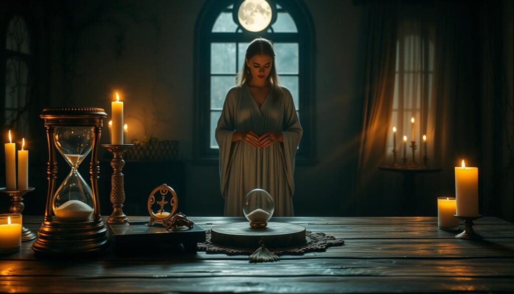 A serene and mystical setting depicting the concept of "timing" in a ritual context. In the foreground, a beautifully adorned wooden table featuring a luxurious hourglass, glowing crystal, and candles casting a soft, warm light. In the middle ground, an ethereal figure dressed in modest, flowing garments, embodying a sense of tranquility and focus while carefully arranging ritual tools. The background showcases a softly lit room filled with natural elements, such as vines and gentle rays of moonlight filtering through a window, creating an aura of connection to nature. The overall mood is peaceful and reverent, inviting viewers to contemplate the importance of timing within spiritual practices. Soft focus on the subject combined with chiaroscuro lighting enhances the mystical ambience.