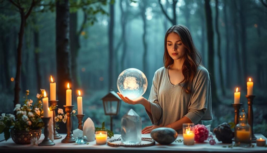 A serene and mystical setting focused on "safety love spells". In the foreground, a carefully arranged altar adorned with healing crystals, candles glimmering softly, and delicate flowers symbolizes love and protection. In the middle ground, a beautiful Caucasian figure, dressed in modest casual clothing, gently holds a crystal orb, radiating a soft, warm light that symbolizes safety and intention. Surrounding her, enchanting symbols of love and protection like hearts and shields subtly integrated into the environment. In the background, a dreamlike forest with soft, dappled lighting creates a peaceful atmosphere, enhancing the sense of tranquility and safety. The overall mood is calming, mystical, and inviting, evoking a sense of nurturing and support in the pursuit of love.