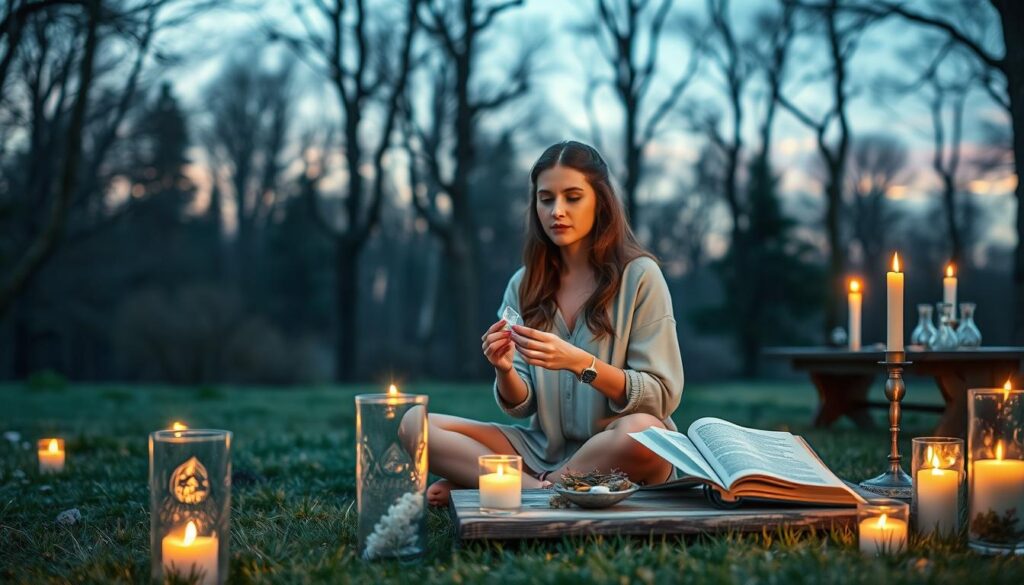 A serene and mystical setting for a "beginner remote spell visualization" scene. In the foreground, a beautiful Caucasian woman in modest casual clothing sits cross-legged on a soft, grassy area, surrounded by glowing candles in etched glass holders. She is focused, holding a small crystal in her hands, with gentle energy waves emanating from it. The middle ground features a softly lit wooden table adorned with herbs, crystals, and an open spell book, exuding an air of enchantment. In the background, a tranquil forest glimmers under a twilight sky, with soft blues and purples casting a magical glow. The atmosphere is calm and inviting, illuminated by warm, flickering candlelight, with a depth of field that subtly blurs the background, enhancing the subject’s concentration on the spell.