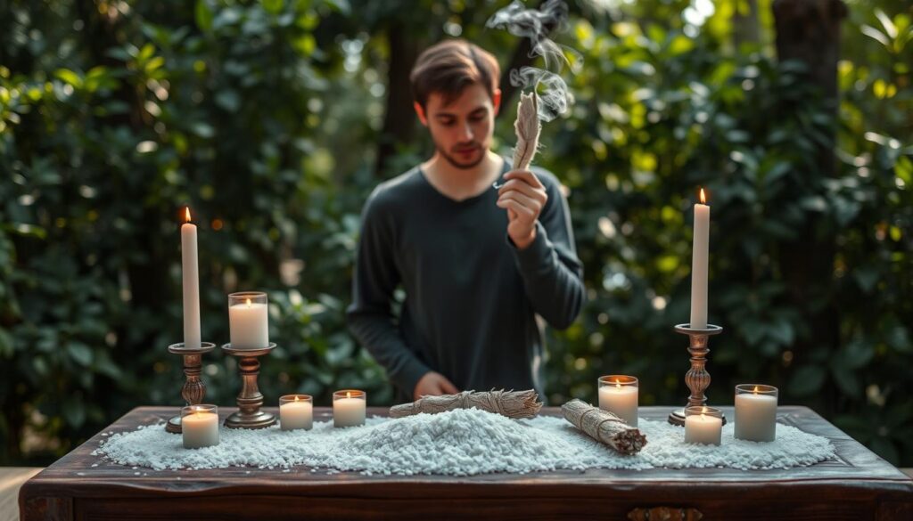 A serene and mystical setting for a "salt and smoke cleanse" featuring a beautifully arranged altar in the foreground. The altar is made of rich, dark wood and adorned with a scattering of coarse sea salt, delicate white sage bundles, and glowing candles casting warm, flickering light. In the middle ground, a Caucasian figure in modest casual clothing gently wafts smoke from a sage bundle over the altar, their expression focused and tranquil. Surrounding this scene, the background features lush greenery and softly blurred foliage that enhances the atmosphere of spirituality and cleansing. Soft, natural lighting creates a calming ambiance, while a shallow depth of field highlights the ritual's significance, evoking a sense of serenity and purpose in the process of breaking a love binding spell.