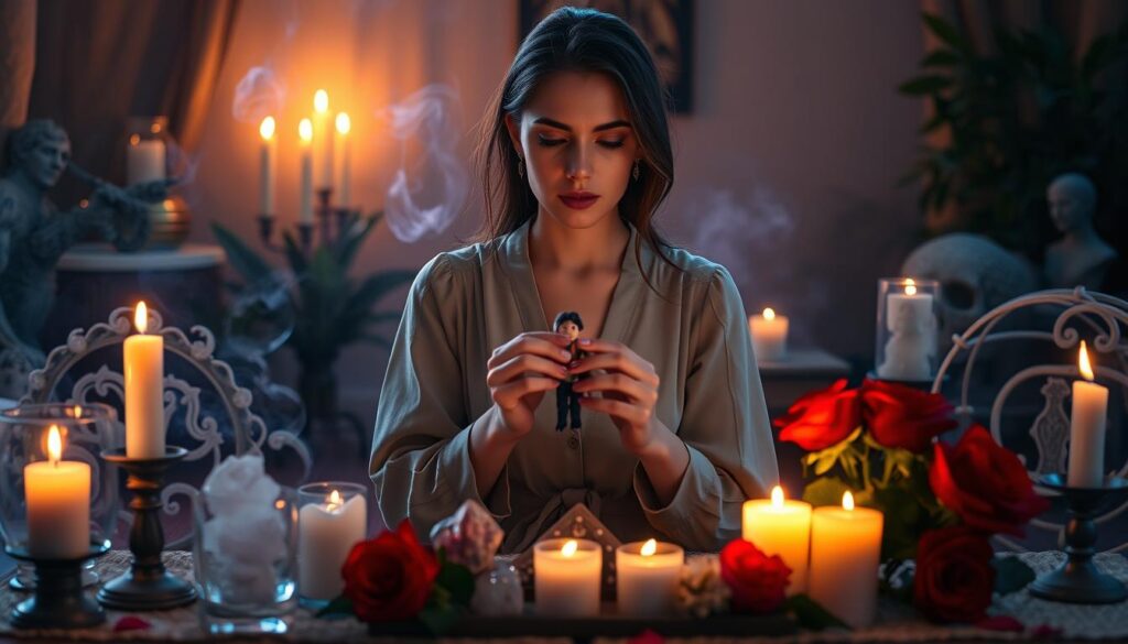 A serene and mystical setting for "ritual steps" in voodoo love spells, featuring a well-organized altar in the foreground, adorned with candles, crystals, and vibrant red roses. The middle ground showcases a focused figure, a beautiful Caucasian woman dressed in modest attire, holding a small voodoo doll while casting a spell, her expression conveying determination and calmness. Surround her with soft, warm candlelight creating a romantic ambiance, as ethereal smoke swirls gently upward. In the background, hints of lush greenery and symbolic voodoo artifacts can be seen, bathed in twilight blues and purples to evoke a sense of mystery. The overall atmosphere should feel enchanting and sacred, encapsulating the essence of love and attraction. Capture this scene with a slightly angled view, emphasizing the depth of the setup and the intimacy of the moment.