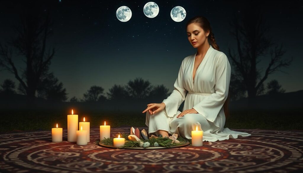 A serene and mystical setting showcasing the phases of the moon in a circular arrangement overhead, transitioning from new moon to full moon in soft glowing hues of silver and blue. In the foreground, a beautiful Caucasian woman dressed in modest, flowing white garments performs a ritual, her hands gracefully positioned around an arrangement of herbs and crystals. Surrounding her, softly lit candles flicker, casting warm light on the ground covered in a rich tapestry. In the middle ground, intricate patterns of lunar symbols are faintly etched into the earth, while the background features darkened trees silhouetted against a star-studded sky. The mood is tranquil and enchanted, conveying a sense of connection to nature and the universe, inviting the viewer to explore the depths of witchcraft and magic.