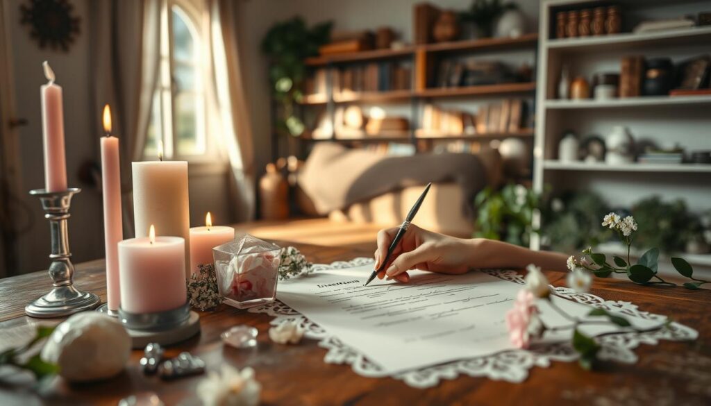 A serene and mystical space representing "ethical intentions for love spells". In the foreground, a beautifully arranged table with soft pink and white candles, crystals, and fresh flowers, all symbolizing love and purity. A pair of elegant hands, adorned with subtle rings, carefully writes intentions on parchment with a quill, showcasing focus and thoughtfulness. The middle ground features an inviting room illuminated by soft natural light streaming in from a window, bathes the scene in a warm glow. The background includes shelves filled with spiritual books and herbs, hinting at wisdom and ethical practices. Overall, the atmosphere is calm and reflective, conveying a sense of sincerity and positivity in the practice of love spells, encouraging responsible intentions.