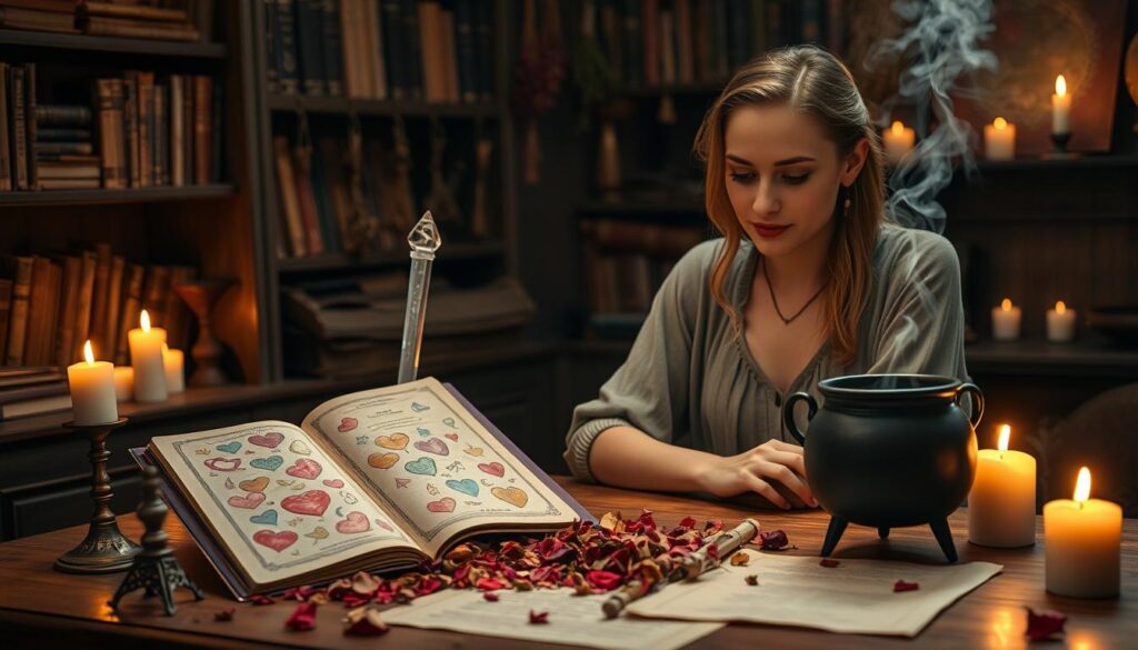 A serene and mystical workspace focused on troubleshooting love spells. In the foreground, a beautiful Caucasian woman dressed in modest casual attire examines an open spellbook filled with colorful illustrations of hearts and charms. She holds a crystal wand in one hand, while a small cauldron simmers gently beside her, emitting wisps of colorful steam. In the middle, various magical ingredients like dried roses, candles, and parchment are artfully arranged on a wooden table, reflecting the tools of the craft. The background is softly lit with warm, ambient lighting, featuring shelves of ancient books and hanging herbs. Dimmed candles cast flickering shadows, creating an atmosphere of quiet contemplation and focused intent, ideal for seeking clarity on why love spells may not yield results.