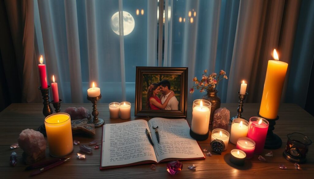 A serene and mystical workspace set up for a love spell ritual. In the foreground, a wooden table adorned with colorful candles flickering softly, surrounded by sparkling crystals in shades of rose quartz and amethyst. A framed picture of a loving couple rests near the center, illuminated by the warm light of the candles. In the middle ground, an open spell book displays handwritten notes and symbols, emitting a sense of ancient wisdom. The background features a soft curtain reflecting moonlight, with a full moon visible outside the window, casting gentle shadows across the scene. The atmosphere is tranquil and enchanting, with a focus on the tools of love magic. The lighting is soft and warm, capturing the essence of a sacred space filled with intention and love.