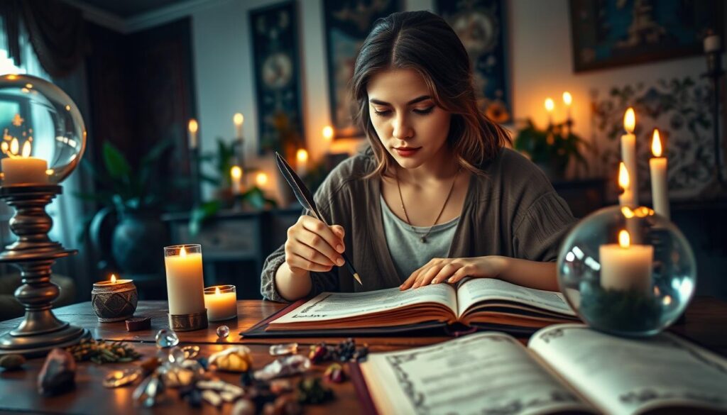 A serene and mystical workspace where a beautiful Caucasian woman is focused on writing, surrounded by enchanting elements that symbolize intention. In the foreground, a vintage wooden desk with glowing candles and a crystal ball casting soft light. The woman, dressed in modest casual attire, is holding a quill poised over an ornate parchment, deep in thought. In the middle ground, scattered herbs and crystals reflect a sense of purpose, with a partially open spellbook revealing symbols of love magic. The background features a softly lit room with tapestries and plants, creating an intimate and inviting atmosphere. The soft, warm lighting highlights the woman's expression of determination, emphasizing the theme of strong intentions in love spells.