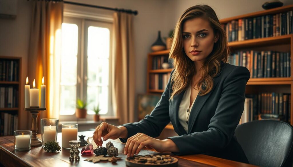 A serene and professional setting showcasing a beautiful Caucasian spell caster in a cozy, well-lit room. In the foreground, the spell caster, dressed in modest yet elegant business attire, carefully arranges mystical tools and safety symbols like candles, crystals, and herbs on a wooden table. In the middle ground, shelves lined with books on spell safety and ethics create an informative backdrop. The background features a warm-toned window, allowing gentle, diffused sunlight to illuminate the space, creating a calm and inviting atmosphere. Soft, focused lighting highlights the details of the spell caster's concentrated expression as they demonstrate care and thoughtfulness in their craft. The mood is reassuring and ethical, emphasizing the importance of safety in spellcasting.