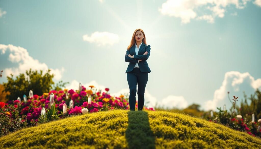 A serene and protective scene depicting a beautiful Caucasian woman in professional attire, standing confidently with arms crossed, surrounded by a radiant aura. In the foreground, she stands on a soft, grassy knoll, symbolizing strength and safety. The middle ground features a lush garden filled with vibrant flowers and protective crystals scattered around. The background showcases a bright blue sky with fluffy white clouds, contributing to a peaceful atmosphere. The lighting is soft and warm, casting gentle shadows that enhance the sense of security. The overall mood is tranquil and empowering, emphasizing the theme of ethical considerations and safety in spell removal, with a focus on personal strength and protection.