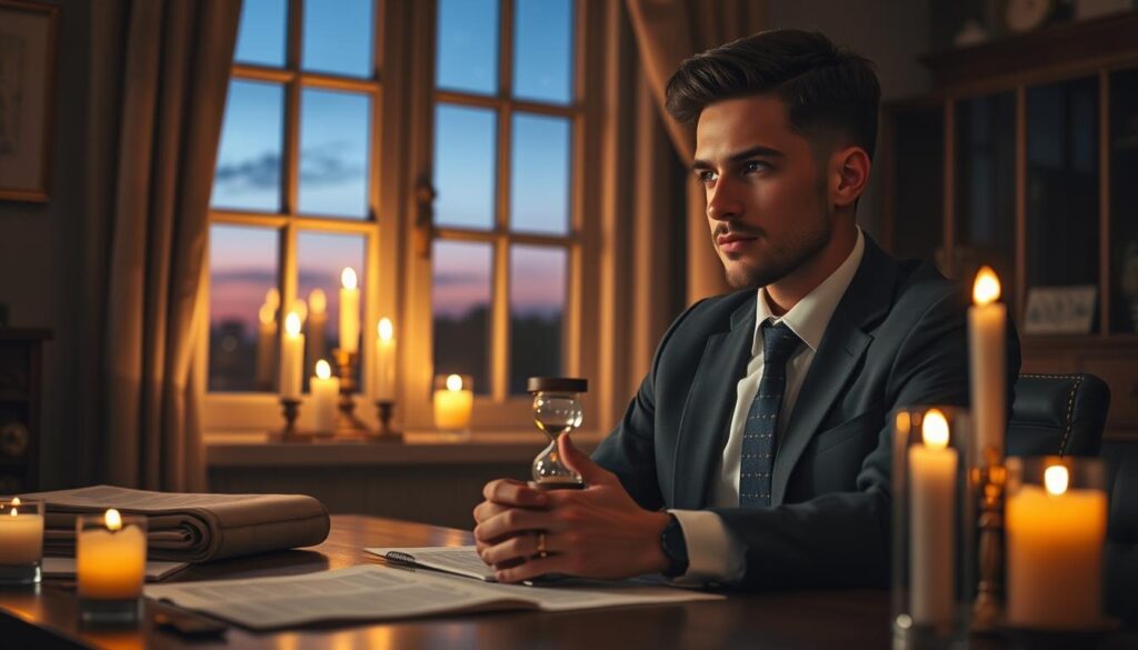 A serene and reflective scene depicting a young Caucasian man in professional business attire, sitting at a desk filled with parchment scrolls and candles, symbolizing love spells. In the foreground, he gazes thoughtfully at a small hourglass that represents the passage of time and the urgency of managing expectations in love. The middle ground features soft, flickering candlelight that casts warm shadows across the desk, giving a mystical feel to the ambiance. In the background, a window reveals a twilight sky dotted with stars, evoking a sense of hope and contemplation. The lighting is dim yet inviting, enhancing the mood of introspection and seriousness about love and its outcomes. A soft focus lens effect suggests a gentle dreaminess while maintaining clarity on the man and his surroundings.