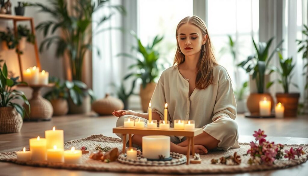 A serene and tranquil aftercare ritual scene, depicting a beautiful Caucasian woman in modest casual clothing, sitting cross-legged on a soft, thick mat surrounded by candles and delicate flowers. The foreground should highlight carefully placed crystals and herbs, radiating gentle energy. In the middle, a softly glowing altar decorated with symbols of integration and patience, with warm light illuminating a peaceful, meditative expression on her face. The background should feature a softly blurred room filled with plants and natural light pouring in through large windows, creating a harmonious atmosphere. The overall mood is calming and introspective, capturing the essence of self-care and reflection after a love spell ritual. The light should be soft and diffused, evoking a sense of warmth and tranquility.