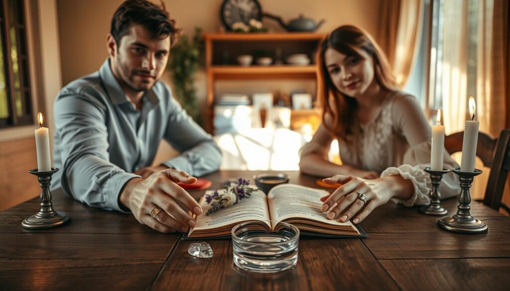 A serene and tranquil setting depicting two beautiful Caucasian figures, a man and a woman, sitting side by side at a wooden table adorned with candles and crystals. The foreground features their hands gently intertwined, symbolizing connection and ethical love intentions. In the middle, an open spell book lies on the table, surrounded by fresh flowers and a small bowl of water, emphasizing the importance of free will and harmonious intentions in love magic. The background fades into a cozy, softly lit room with warm golden hues, evoking a peaceful atmosphere. Natural light filters through a nearby window, casting gentle shadows and illuminating the scene, creating an inviting and reflective mood. The angle captures the intimacy of the moment while maintaining a sense of calm and respect.