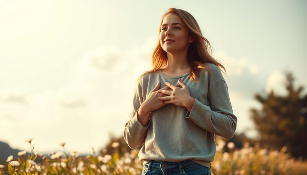 A serene and uplifting scene depicting a peaceful outdoor setting that symbolizes positive intentions in relationships. In the foreground, a beautiful Caucasian woman in modest, casual clothing stands with her hands over her heart, radiating warmth and positivity. The middle ground features soft, blooming flowers, symbolizing growth and healthy connections. In the background, a gentle, sunlit sky with fluffy clouds creates an inviting atmosphere, enhancing the feeling of hope and well-being. The lighting is soft and warm, reminiscent of a late afternoon sun, casting a golden hue over the scene. The angle should evoke a sense of depth, drawing the viewer into the harmonious environment, while the overall mood is tranquil and inspiring, encouraging viewers to reflect on the importance of supportive intentions in relationships.