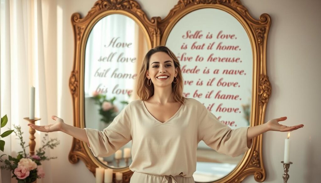 A serene and uplifting scene of a beautiful Caucasian woman practicing self-love in front of a large ornate mirror. In the foreground, she is standing confidently with arms open, dressed in a modest, soft-colored outfit that radiates warmth. Her expression is one of joy and tranquility, exuding self-acceptance. In the middle ground, the mirror reflects vibrant affirmations written in elegant, flowing script, surrounded by fresh flowers and candles that add a touch of serenity. The background features a softly lit room with calming pastel colors, warm natural light filtering through sheer curtains, creating an inviting atmosphere. The overall mood is peaceful and empowering, capturing the essence of self-love and daily affirmations.