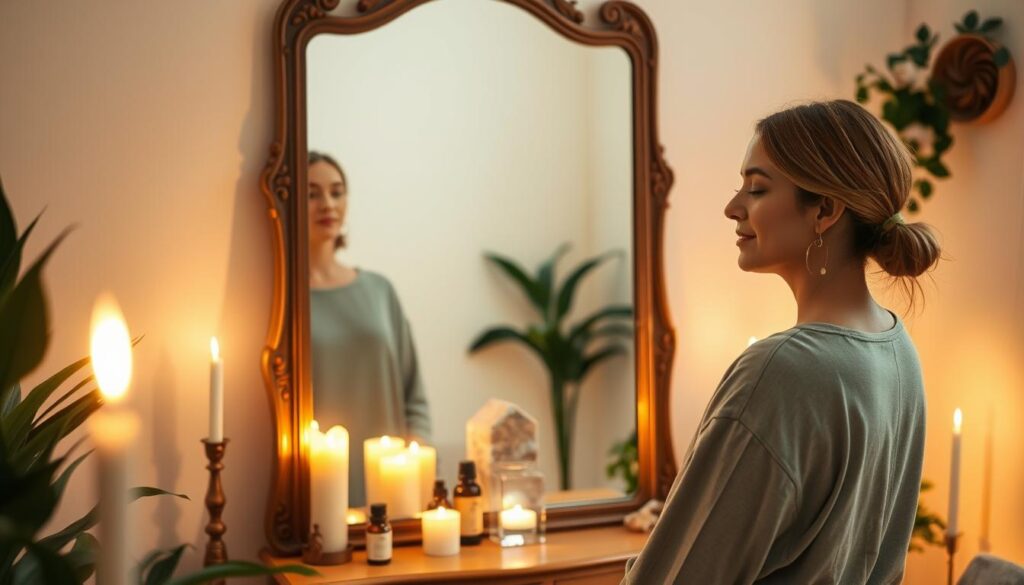 A serene and uplifting scene of a self-love mirror ritual set in a softly lit, cozy room. In the foreground, a beautiful Caucasian woman in modest casual clothing stands in front of a large, ornate mirror, her expression radiant and focused as she gazes at her reflection. She is surrounded by gentle, warm candlelight creating a calming atmosphere, with flickering shadows dancing on the walls. The middle layer includes a small table adorned with crystals, essential oils, and a blooming flower, enhancing the ritual's spiritual vibe. In the background, soft pastel-colored walls and lush indoor plants add to the tranquility. The lighting is soft and inviting, creating a sense of peace and self-acceptance, with a shallow depth of field that keeps the focus on the woman while softly blurring the surroundings.