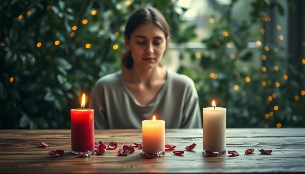 A serene, atmospheric scene depicting the essence of "love intention" through candle magic. In the foreground, a wooden table holds three elegantly lit candles, each in a different color (red, pink, and white), casting a warm golden glow. Surrounding the candles are delicate rose petals and small crystal charms that symbolize love and harmony. In the middle ground, a focused individual with a peaceful expression, dressed in modest casual attire, gently observes the candles, eyes closed, reflecting intentions of love and connection. The background features softly blurred foliage, enhancing the intimate and mystical ambiance, with gentle fairy lights twinkling like stars. The lighting is soft and ethereal, creating a romantic and inviting mood, filmed at a slight angle to capture both the candles and the practitioner's expression.
