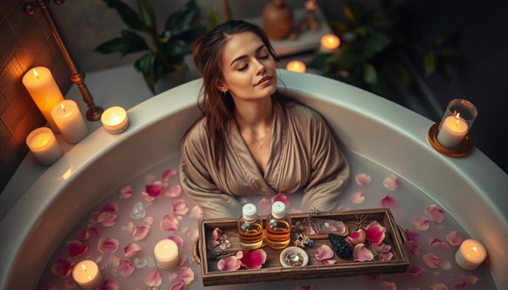 A serene bathtub filled with soft, colorful petals floating on the surface, surrounded by flickering candles and gentle, warm lighting that casts a calming glow. In the foreground, a beautifully arranged tray holds delicate herbal oils and crystals, enhancing the magical atmosphere. In the middle, a lovely Caucasian woman, dressed in a modest, elegant robe, leans back against the tub, eyes closed in a peaceful expression as she embraces the moment of relaxation and confidence. In the background, soft, blurred greenery and candlelight add a touch of nature and tranquility. The overall mood is soothing and enchanting, evoking a sense of attraction and inner strength. Capture the scene from a gentle overhead angle to emphasize the elegance and charm of bath magic.
