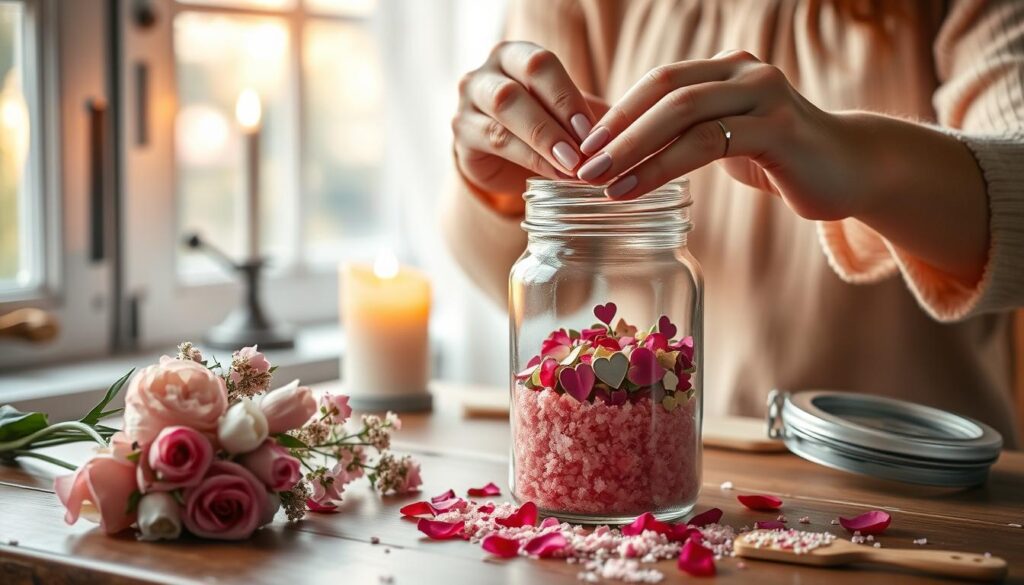A serene, beautifully arranged table displays a step-by-step love spell jar creation scene. In the foreground, there’s a clear glass jar filled with vibrant, colorful ingredients such as rose petals, pink salt, and tiny heart-shaped charms. A delicate bouquet of fresh flowers sits beside the jar, enhancing the romantic theme. The middle ground features a pair of hands, elegantly adorned with soft, neutral-toned nail polish, skillfully layering the spell components with care. In the background, there’s a softly lit candle casting a warm glow, creating an inviting atmosphere. The setting is a cozy room with rustic wooden details and gentle, natural light filtering through a nearby window. The overall mood is enchanting and peaceful, inviting viewers to delve into the art of love spell crafting.