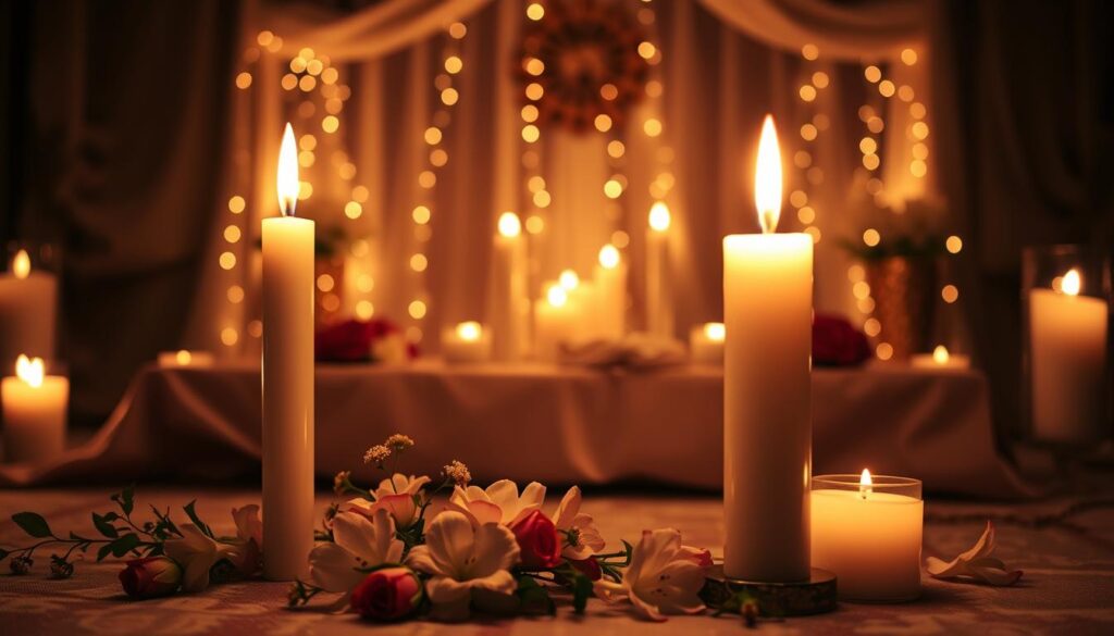 A serene candle-lit setting for a marriage candle spell, featuring two elegantly designed white candles in the foreground, their flames flickering gently. Surround the candles with delicate, fresh flowers like roses and jasmine, symbolizing love and renewal. In the middle ground, a beautifully arranged altar with a soft, rich fabric draping beneath the candles, adding warmth. The background showcases a softly illuminated space, with shimmering fairy lights creating a magical ambiance. The mood is tranquil and mystical, conveying a sense of romance and connection. The lighting is warm and inviting, casting gentle shadows that enhance the intimate atmosphere. Capture this from a slightly elevated angle, emphasizing the glow of the candles against the darkened surroundings.