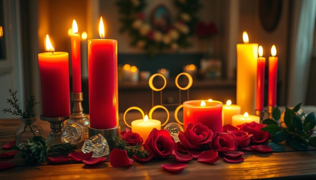 A serene candle magic scene set on a wooden altar, adorned with various colorful candles representing love spells. In the foreground, vibrant red and pink candles flicker gently, casting warm, golden light. An array of herbs and crystals is placed around them, adding texture and depth. In the middle ground, delicate moon phase symbols are subtly interspersed amidst rose petals, emphasizing the connection to lunar energy. The background features a softly blurred, darkened room filled with faint shadows, enhancing the mystical atmosphere. The lighting is soft yet enchanting, evoking a sense of tranquility and focus. Capture this scene from a slightly elevated angle, highlighting the candles’ glow as it dances across the surrounding elements, creating an inviting, magical ambiance.