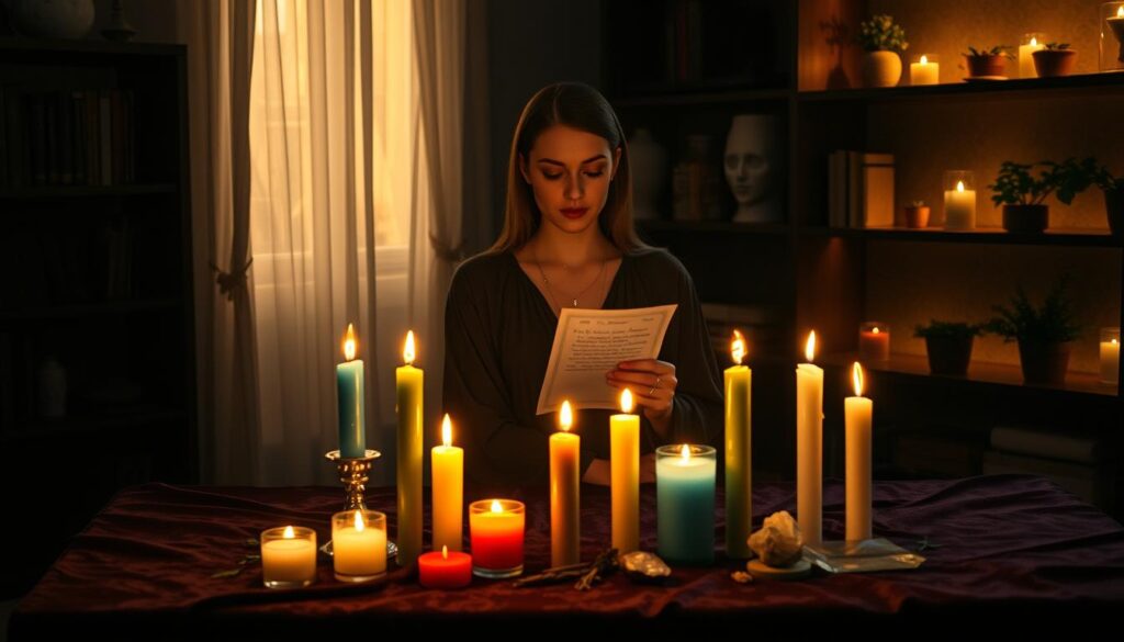 A serene candle ritual set in a softly lit room. In the foreground, a table draped in dark velvet features several colorful candles, glowing with gentle flames. There are herbs and crystals arranged artfully around the candles, enhancing the mystical atmosphere. In the middle ground, a beautiful Caucasian woman dressed in modest, flowing attire is seated, focusing intently on the ritual. Her expression reflects concentration and peace as she holds a small parchment with written intentions. In the background, the soft glow of ambient lighting creates a warm, inviting environment, with shadowy shelves lined with mystical books and plants. The overall mood is tranquil and spiritual, inviting viewers to connect with the energy of the ritual.