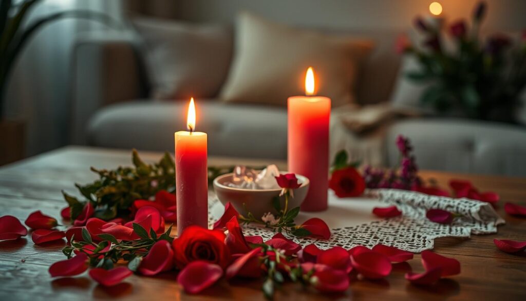 A serene candle ritual setting featuring two lit candles on a beautifully arranged altar. In the foreground, the candles, one red and one pink, flicker softly, casting a warm glow. Surrounding them are fresh rose petals and herbs, creating an inviting atmosphere. In the middle ground, a small bowl with crystals and a delicate lace cloth enhances the mystical vibe, while some fresh flowers add a touch of nature. In the background, a softly blurred, cozy room ambiance with dim lighting adds depth, emphasizing the ritual's intimacy. The overall mood is tranquil and romantic, creating a perfect environment for attracting love. Use soft focus photography techniques for a dreamlike quality, ensuring an inviting ambiance without any distractions.