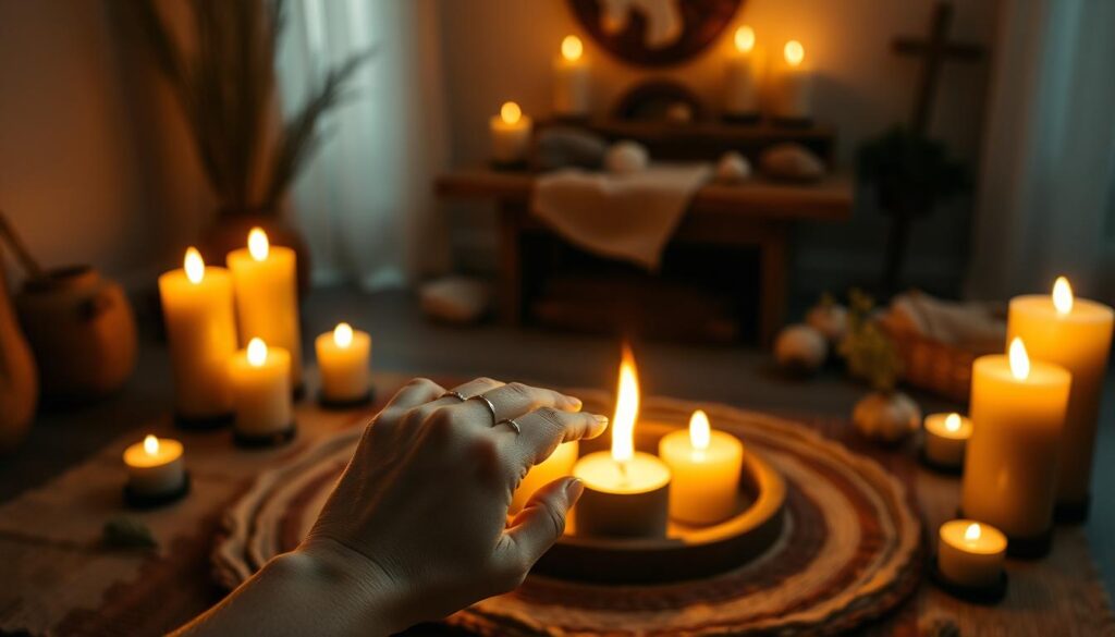 A serene candle ritual setup in a softly lit sacred space, featuring glowing candles arranged in a circle atop a rustic wooden altar. In the foreground, a pair of elegant hands, adorned with simple silver rings, gently holds a candle, emphasizing safety and mindfulness. The backdrop reveals a cozy, dimly lit room with subtle mystical decor elements like crystals and herbs, casting soft shadows. Warm, flickering candlelight creates a calming and inviting atmosphere, illuminating the surroundings while hinting at a peaceful ambiance. The composition captures a sense of focus and tranquility, evoking the reverence necessary for ritual work, with a soft bokeh effect to enhance depth and intimacy in the scene.